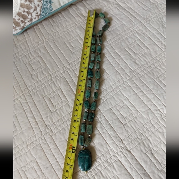 Vintage 1970s Hand Carved Ceramic Bohemian Egyptian Revival Scarab Necklace - Picture 8 of 9